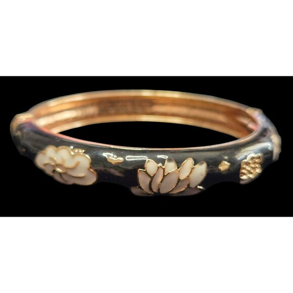 Vintage Jui Long Sing Black Enamel Clamper Bangle Bracelet with Lotus Flowers an - Picture 1 of 3